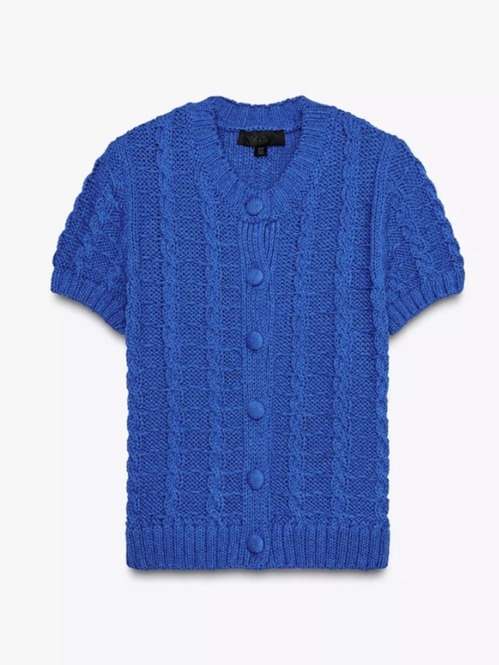 ZARA Blue Cable-Knit Short-Sleeve Button Cardigan